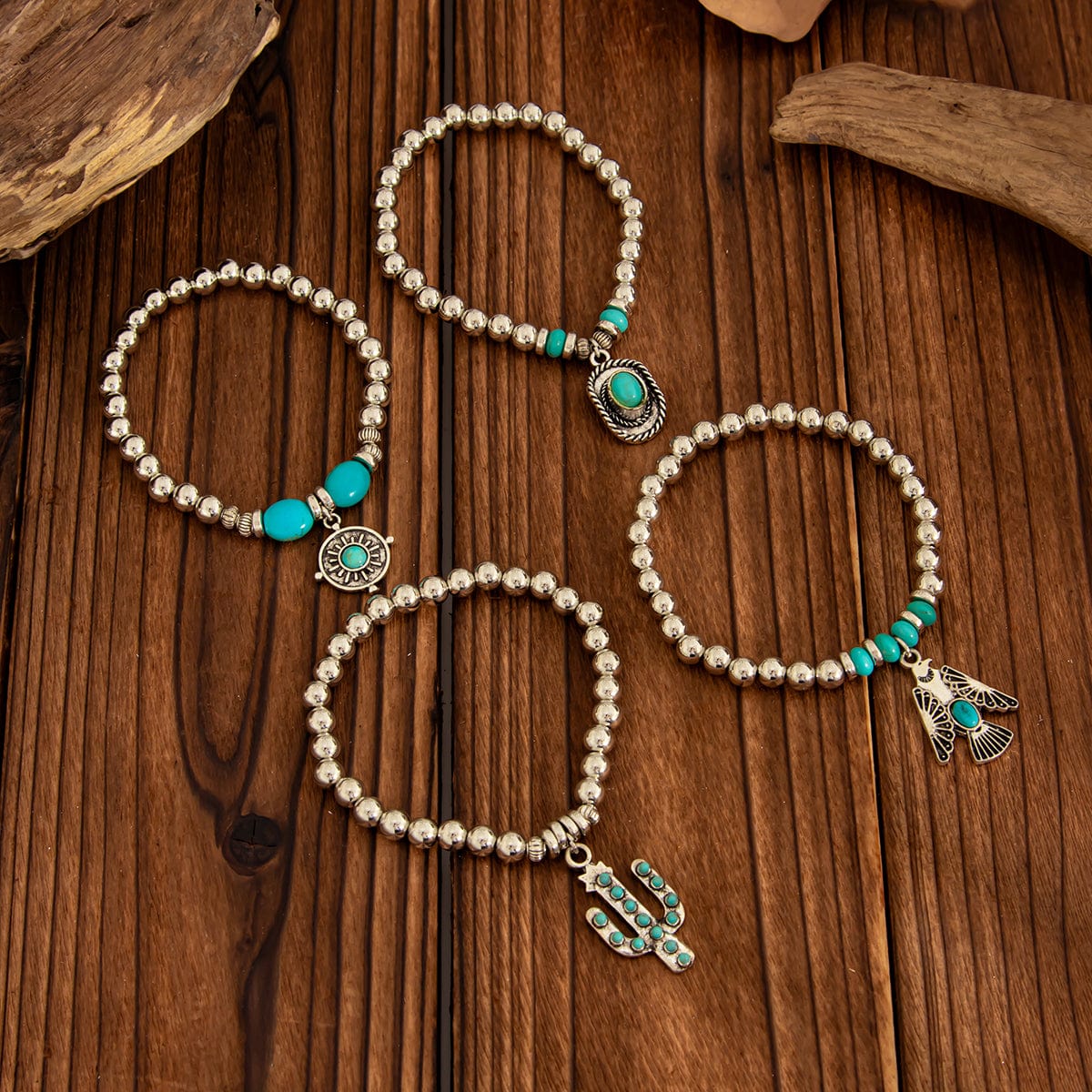 4 Pcs Hippie Turquoise Inlaid Eagle Cactus Charm Ball chain Bracelet Set - ArtGalleryZen