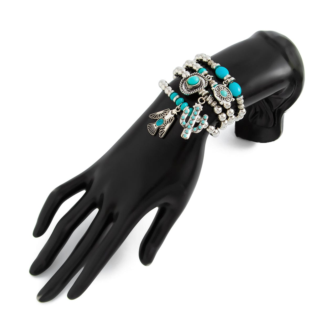 4 Pcs Hippie Turquoise Inlaid Eagle Cactus Charm Ball chain Bracelet Set - ArtGalleryZen