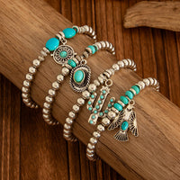 Thumbnail for 4 Pcs Hippie Turquoise Inlaid Eagle Cactus Charm Ball chain Bracelet Set - ArtGalleryZen