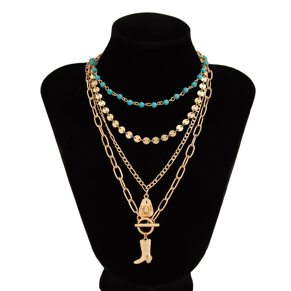 4 Pcs Toggle Clasp Boot Cowboy Hat Pendant Turquoise Chain Necklace - ArtGalleryZen