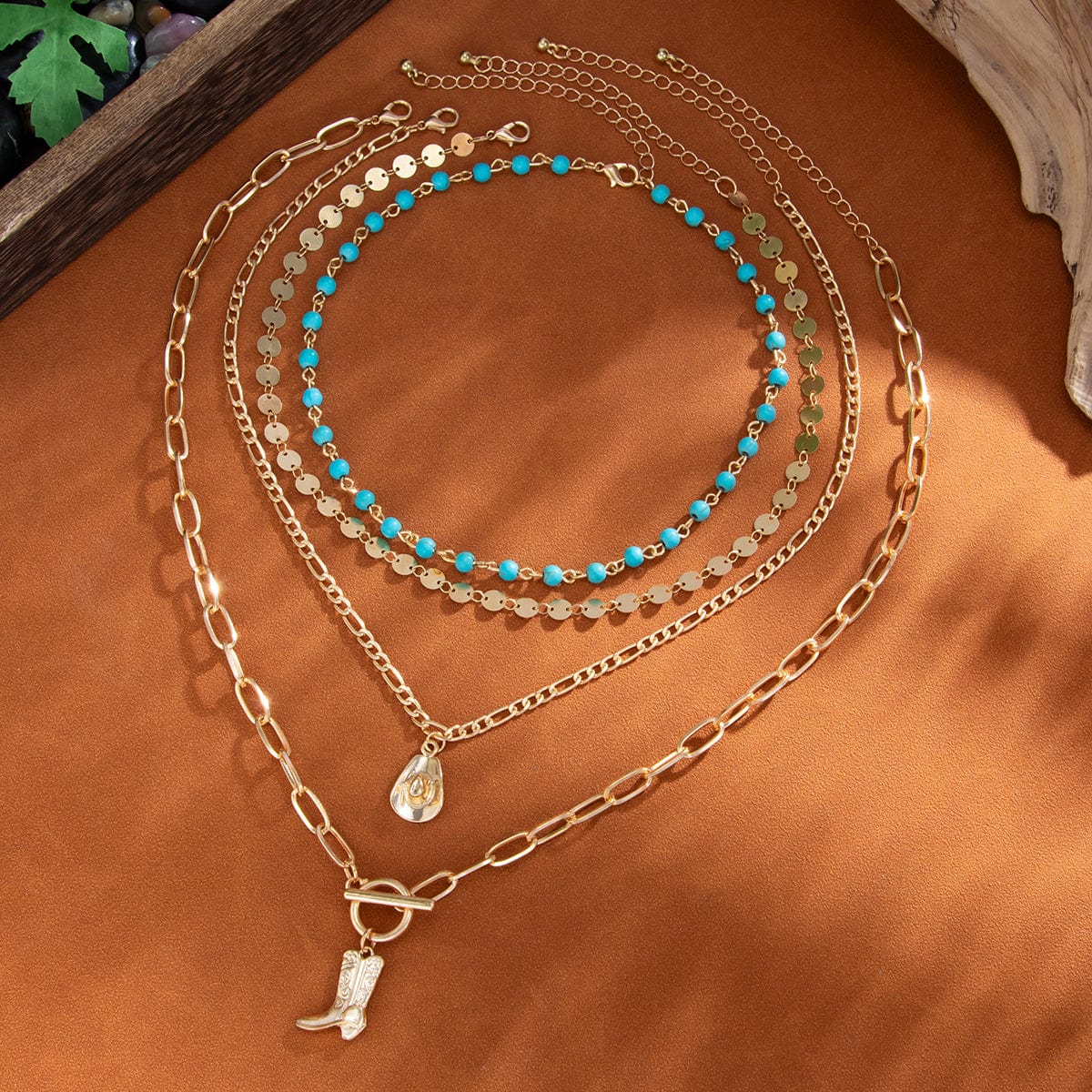 4 Pcs Toggle Clasp Boot Cowboy Hat Pendant Turquoise Chain Necklace - ArtGalleryZen