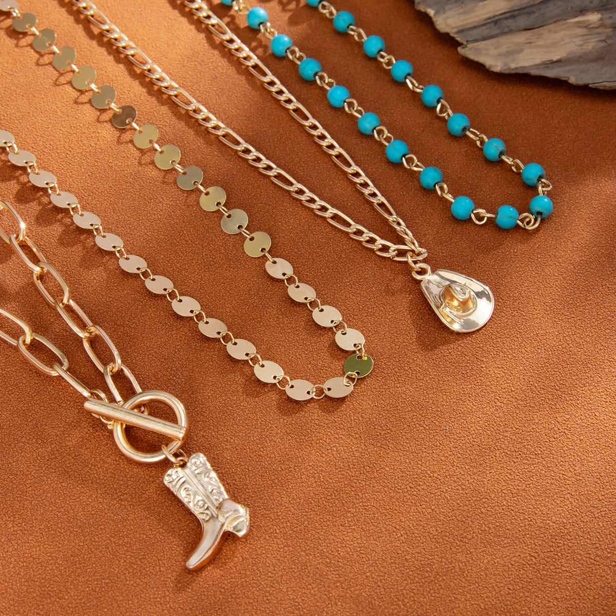 4 Pcs Toggle Clasp Boot Cowboy Hat Pendant Turquoise Chain Necklace - ArtGalleryZen