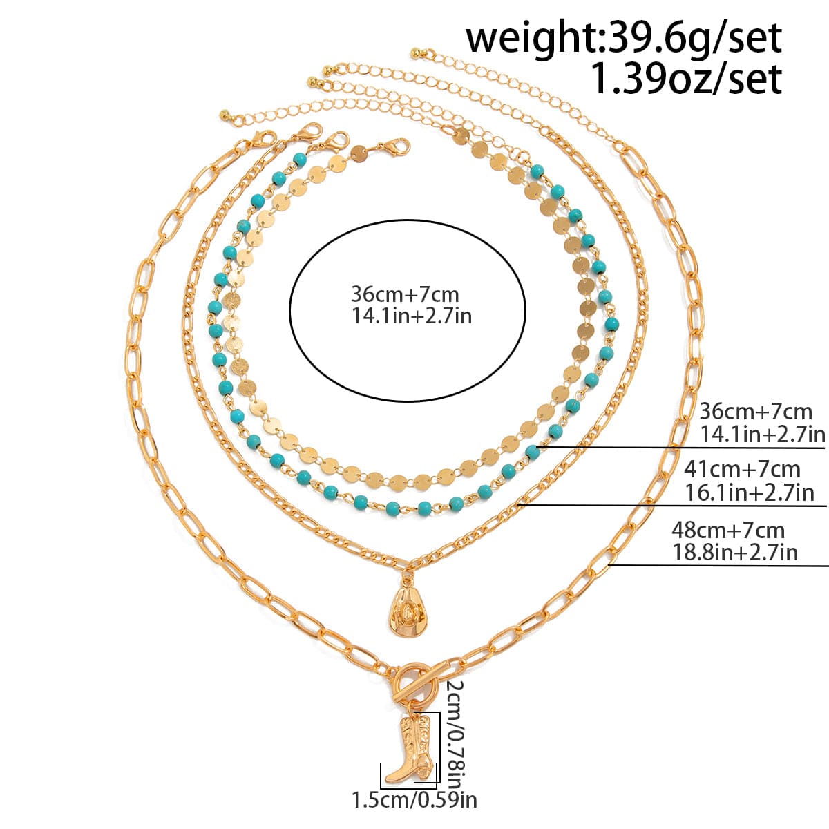 4 Pcs Toggle Clasp Boot Cowboy Hat Pendant Turquoise Chain Necklace - ArtGalleryZen