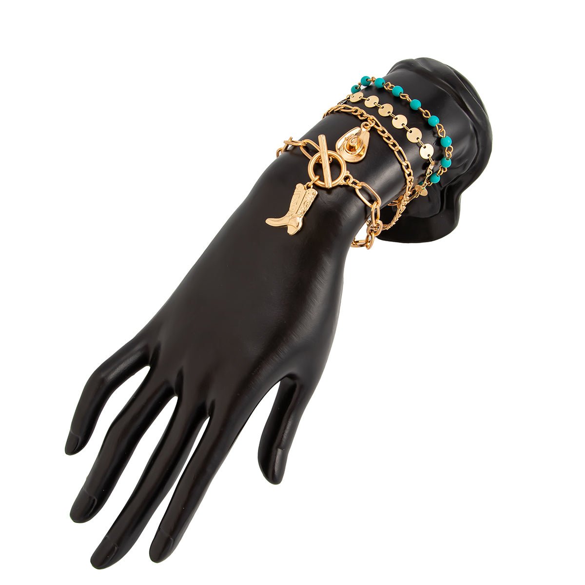 4 Pcs Toggle Clasp Cowboy Hat Boot Charm Turquoise Chain Bracelet Set - ArtGalleryZen