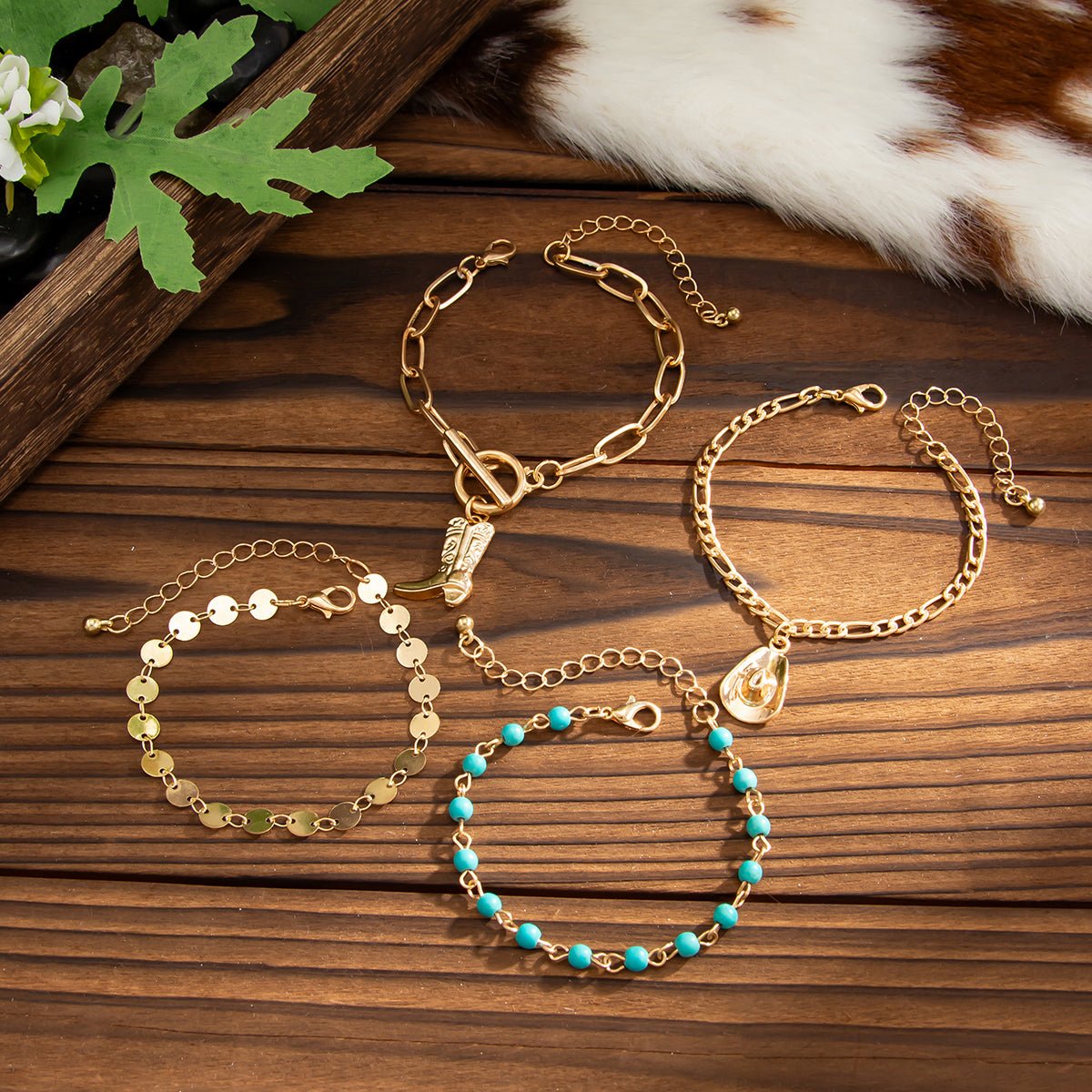 4 Pcs Toggle Clasp Cowboy Hat Boot Charm Turquoise Chain Bracelet Set - ArtGalleryZen