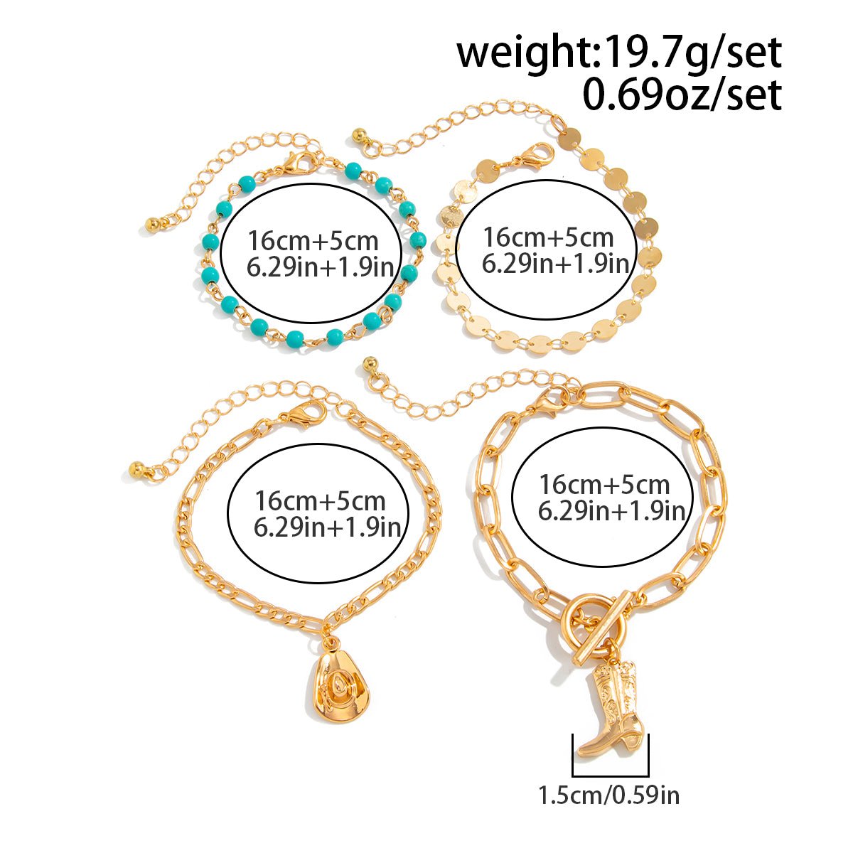 4 Pcs Toggle Clasp Cowboy Hat Boot Charm Turquoise Chain Bracelet Set - ArtGalleryZen