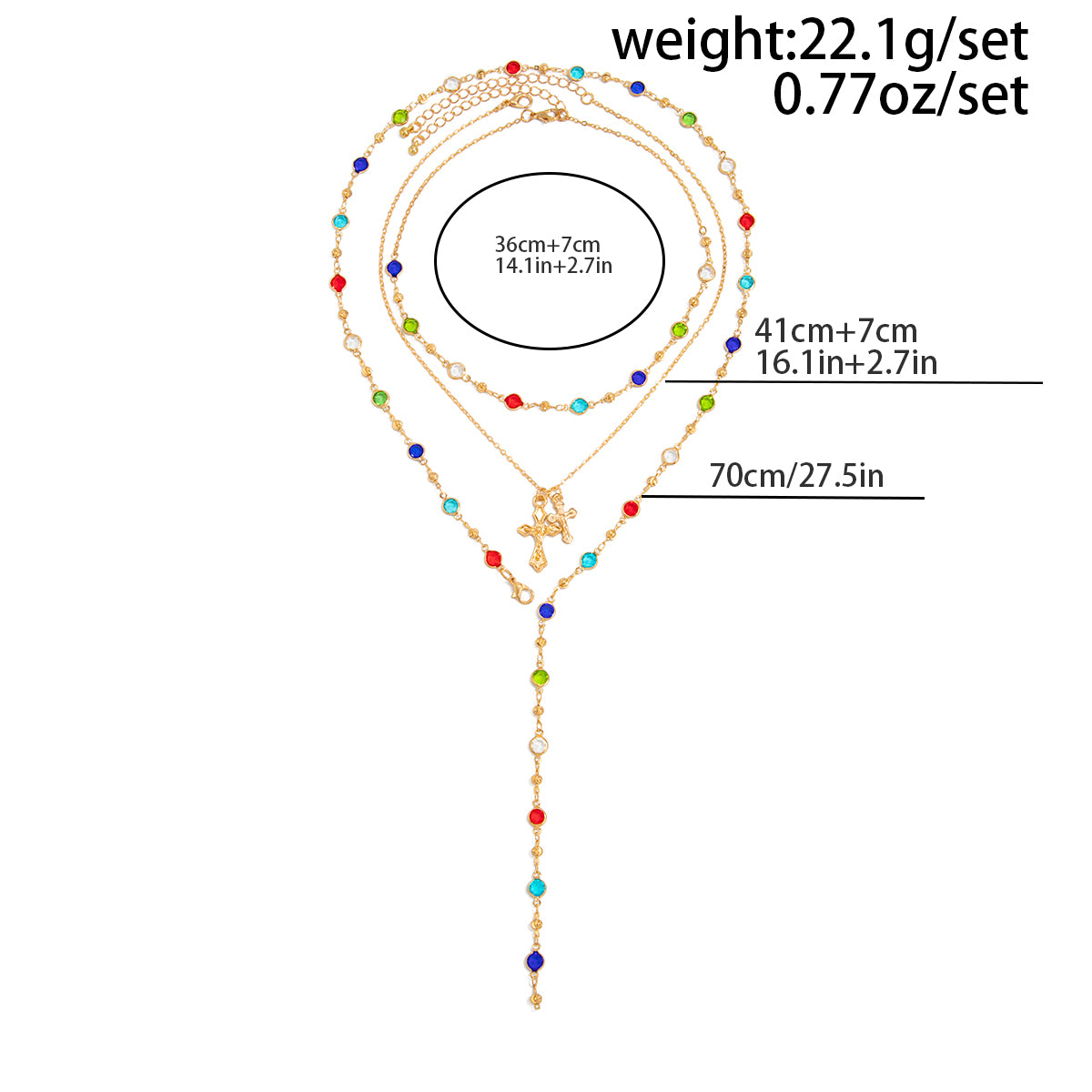 3 Pcs Elegant Cross Pendant Colorful Crystal Chain Y Necklace Set