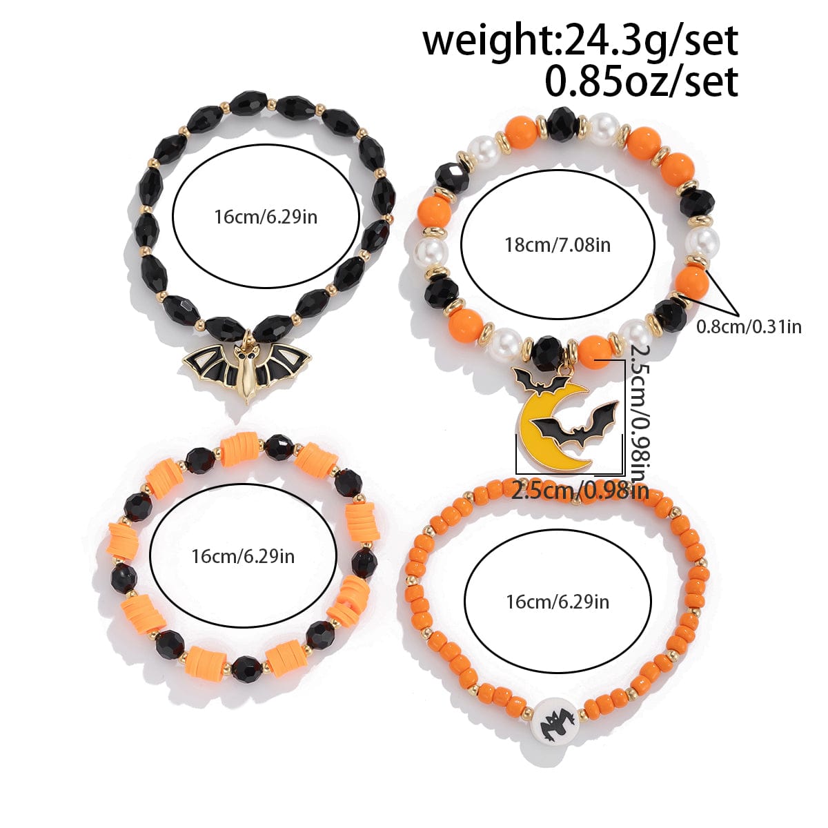 4Pcs Halloween Bat Moon Charm Crystal Pearl Beaded Bracelet Set - ArtGalleryZen