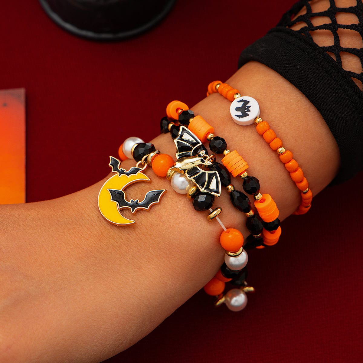 4Pcs Halloween Bat Moon Charm Crystal Pearl Beaded Bracelet Set - ArtGalleryZen