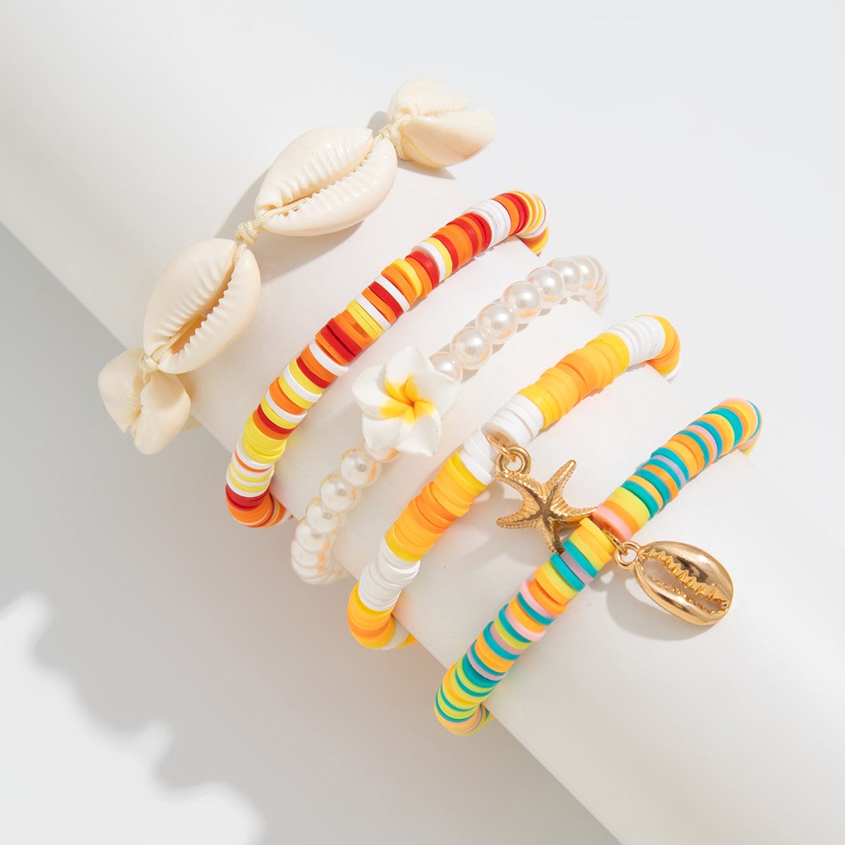 5 Pcs Boho Flower Starfish Conch Charm Polymer Clay Beaded Bracelet Set - ArtGalleryZen