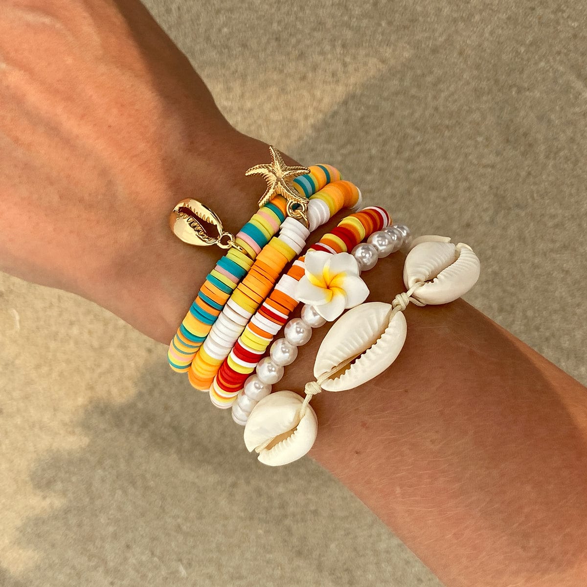 5 Pcs Boho Flower Starfish Conch Charm Polymer Clay Beaded Bracelet Set - ArtGalleryZen