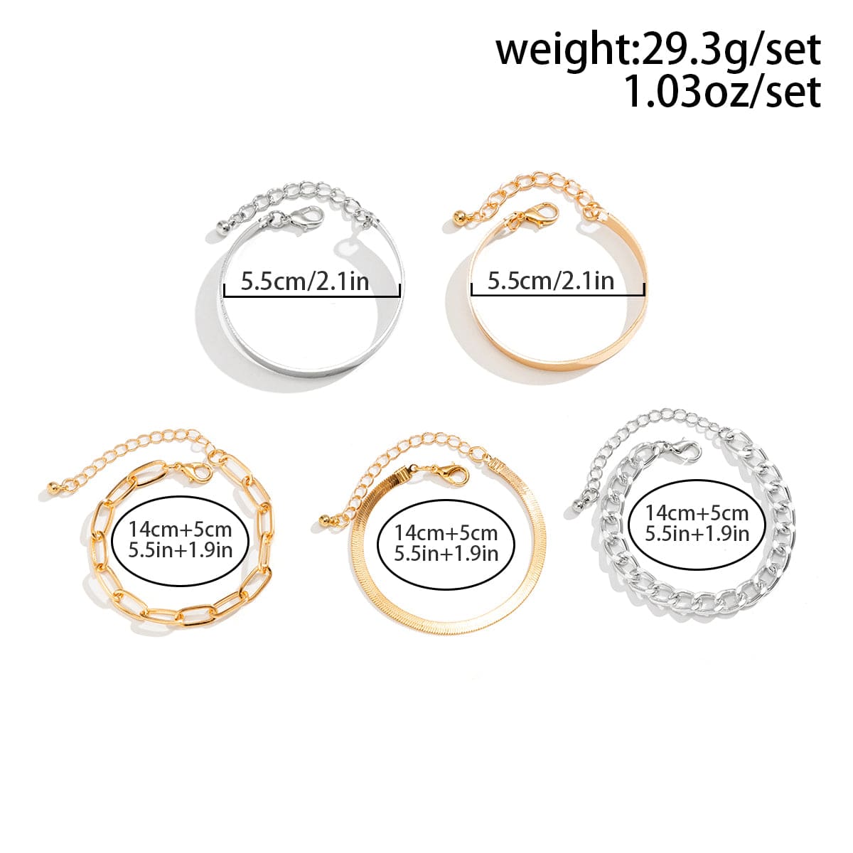 5 Pcs Gold Silver Tone Adjustable Herringbone Curb Cable Chain Bangle Bracelet Set - ArtGalleryZen
