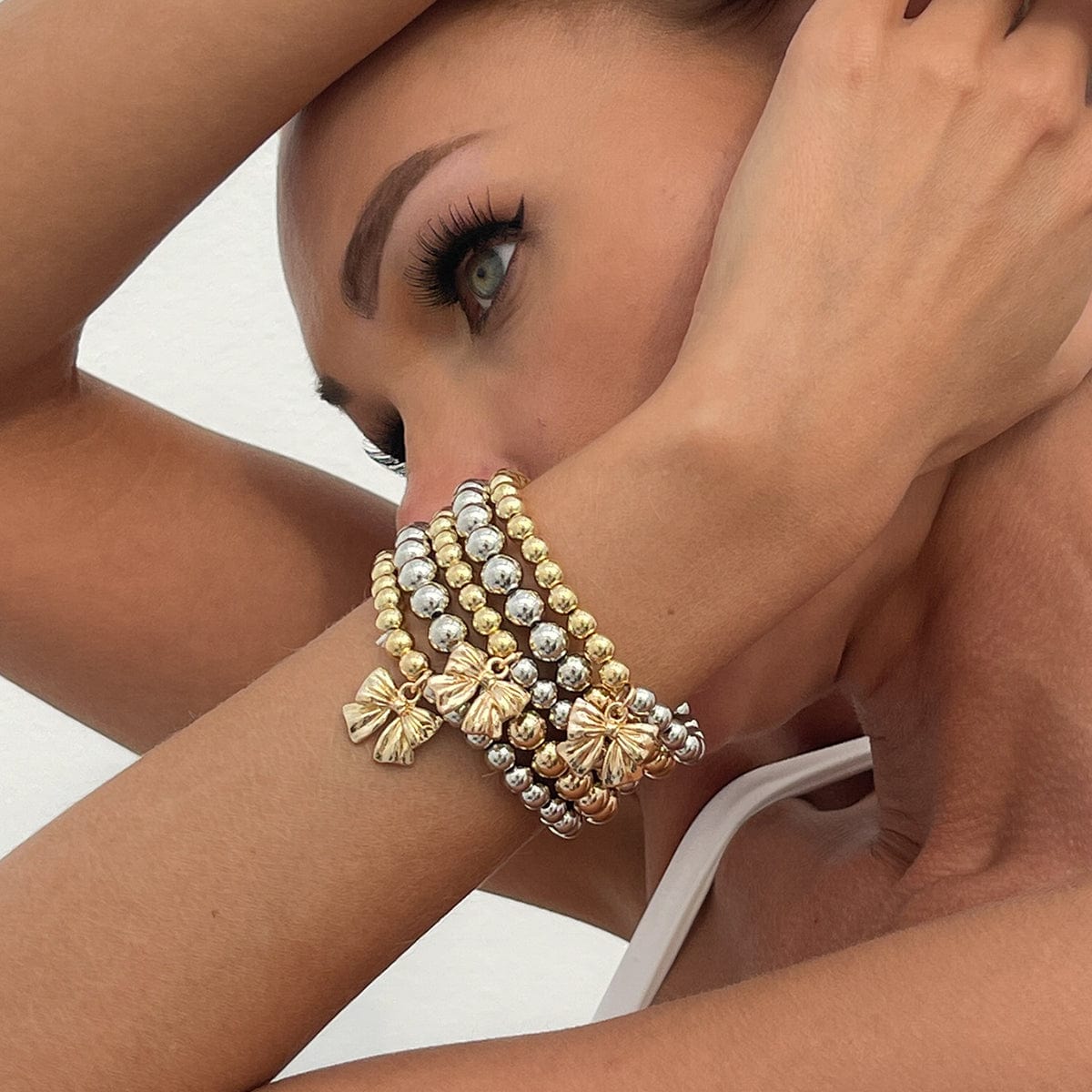 5 Pcs Gold Silver Tone Bowknot Charm Ball Chain Bracelet Set - ArtGalleryZen