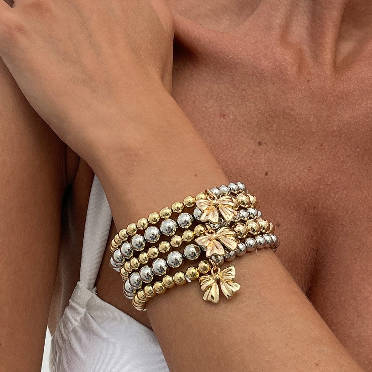 5 Pcs Gold Silver Tone Bowknot Charm Ball Chain Bracelet Set - ArtGalleryZen