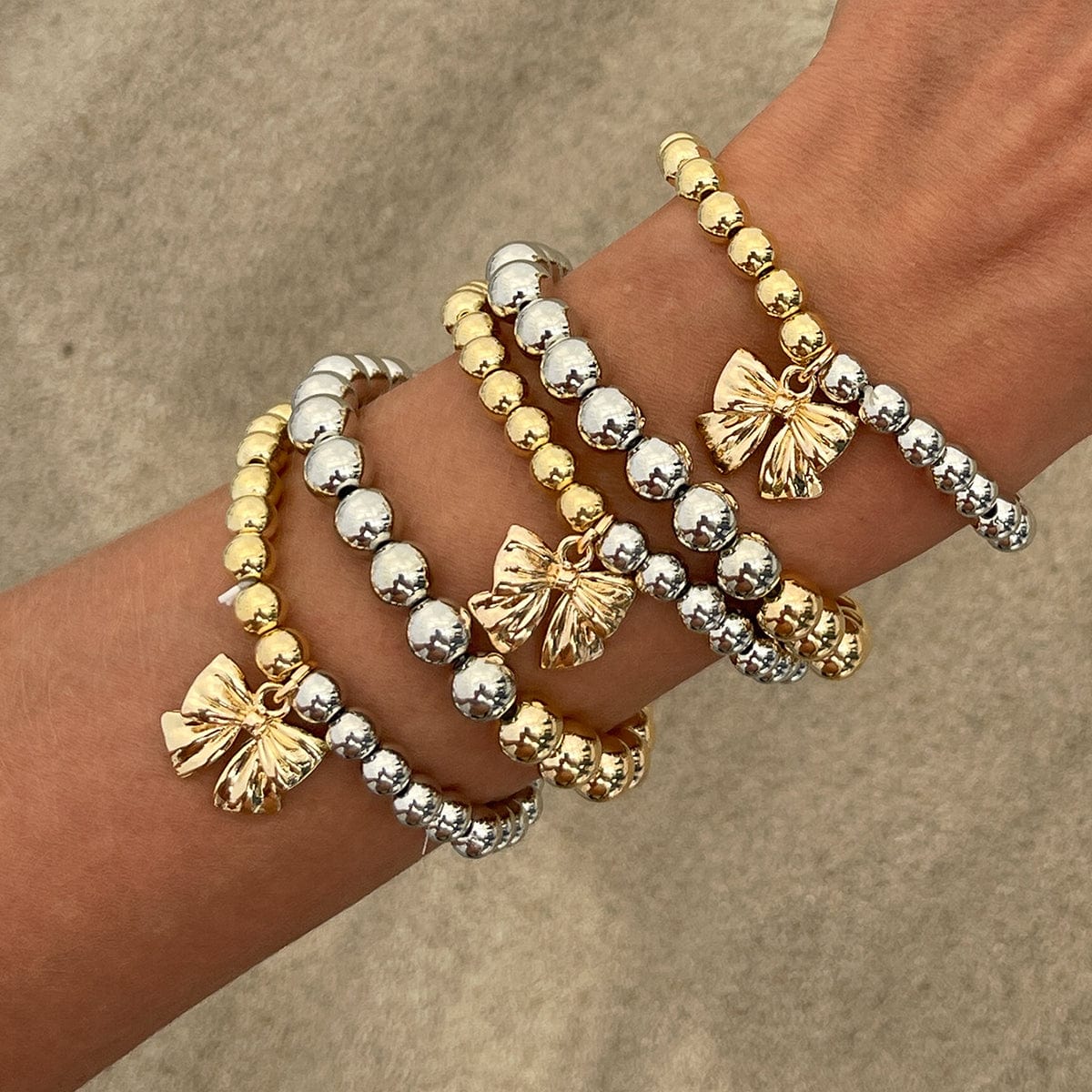 5 Pcs Gold Silver Tone Bowknot Charm Ball Chain Bracelet Set - ArtGalleryZen