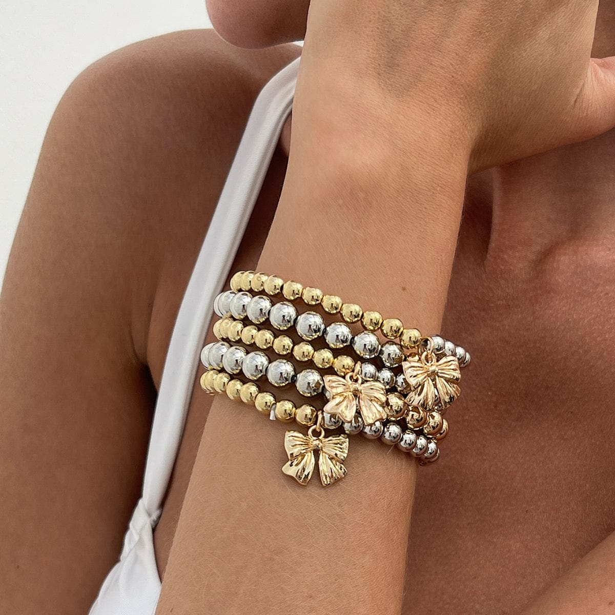 5 Pcs Gold Silver Tone Bowknot Charm Ball Chain Bracelet Set - ArtGalleryZen