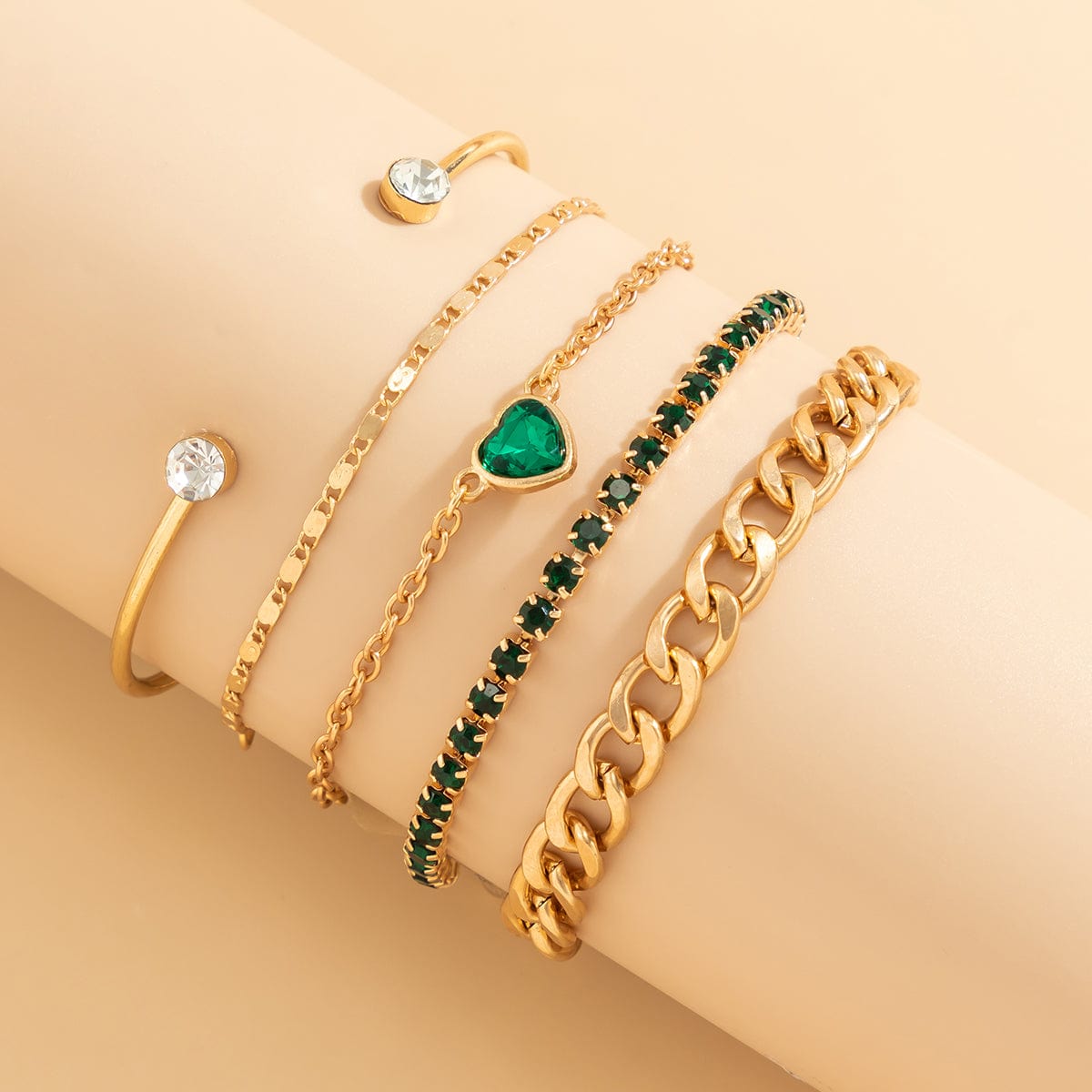 5pcs Emerald Rhinstone Inlaid Heart Shaped Cable Chain Bracelet Set - ArtGalleryZen