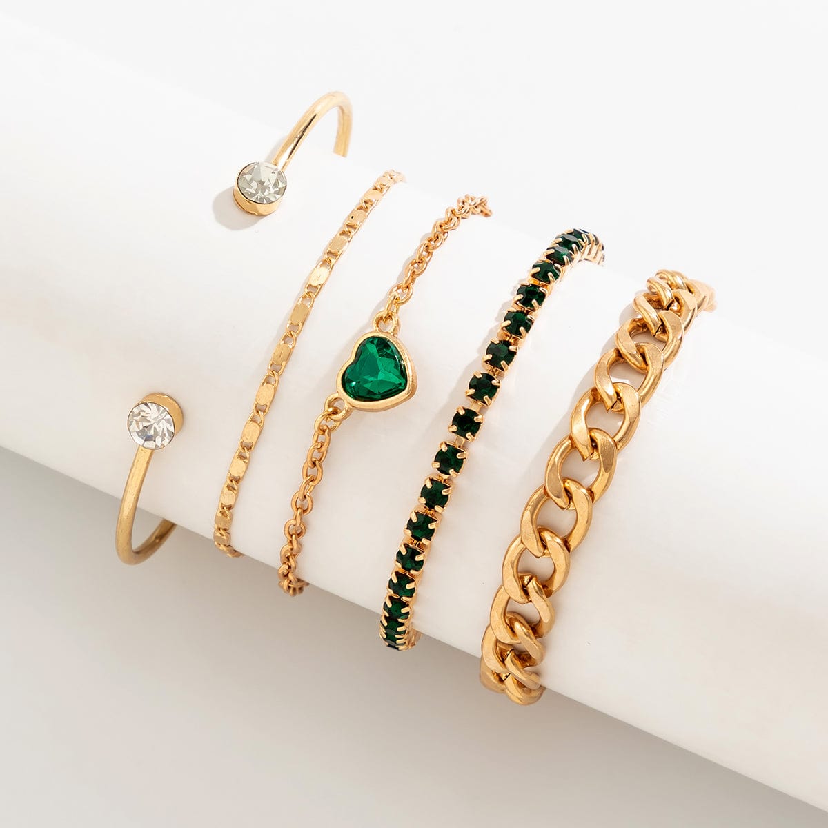 5pcs Emerald Rhinstone Inlaid Heart Shaped Cable Chain Bracelet Set - ArtGalleryZen