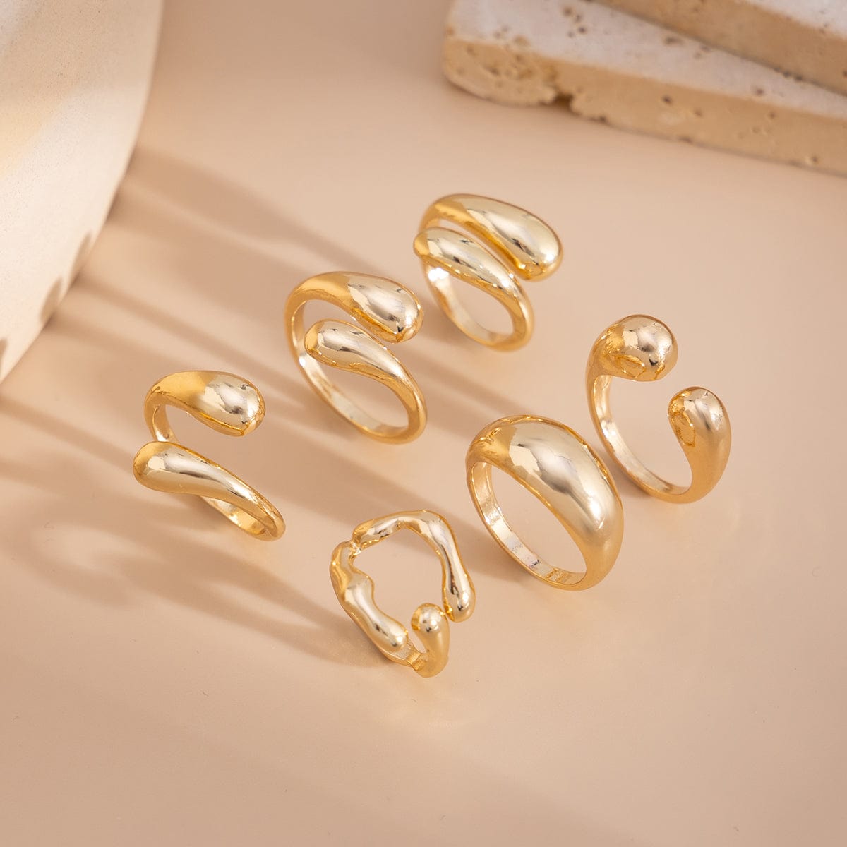 6 Pcs Classic Gold Silver Tone Waterdrop Open Ring Set - ArtGalleryZen