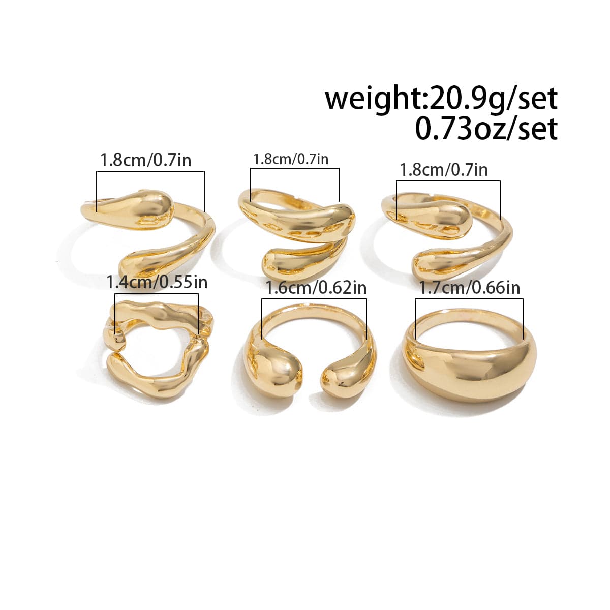 6 Pcs Classic Gold Silver Tone Waterdrop Open Ring Set - ArtGalleryZen