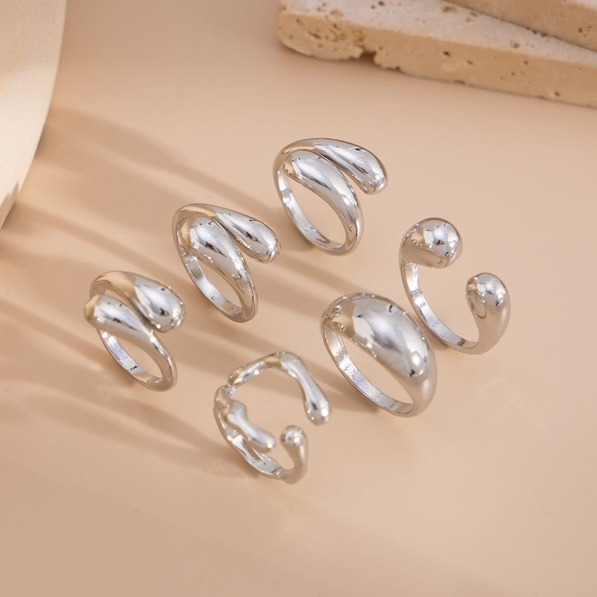 6 Pcs Classic Gold Silver Tone Waterdrop Open Ring Set - ArtGalleryZen