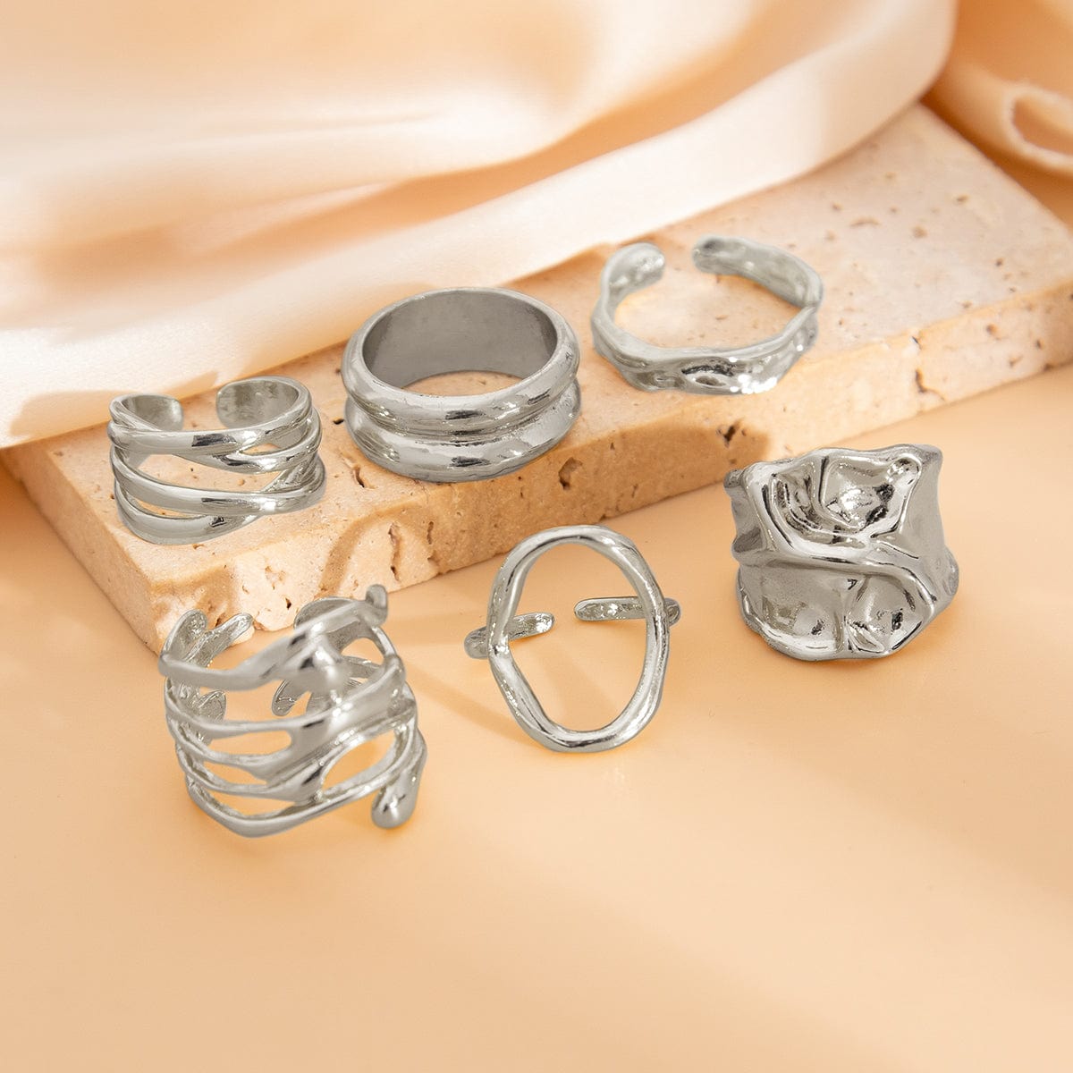 6 Pcs Geometric Pleated Hollow Pattern Stackable Ring Set - ArtGalleryZen