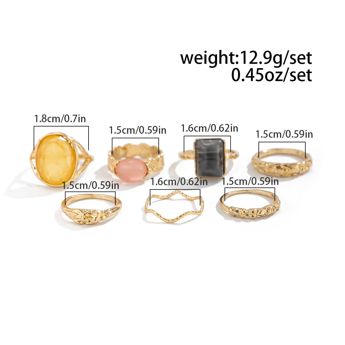 7 Pcs Baroque Gold Silver Tone Crystal Inlaid Pleated Ring Set - ArtGalleryZen