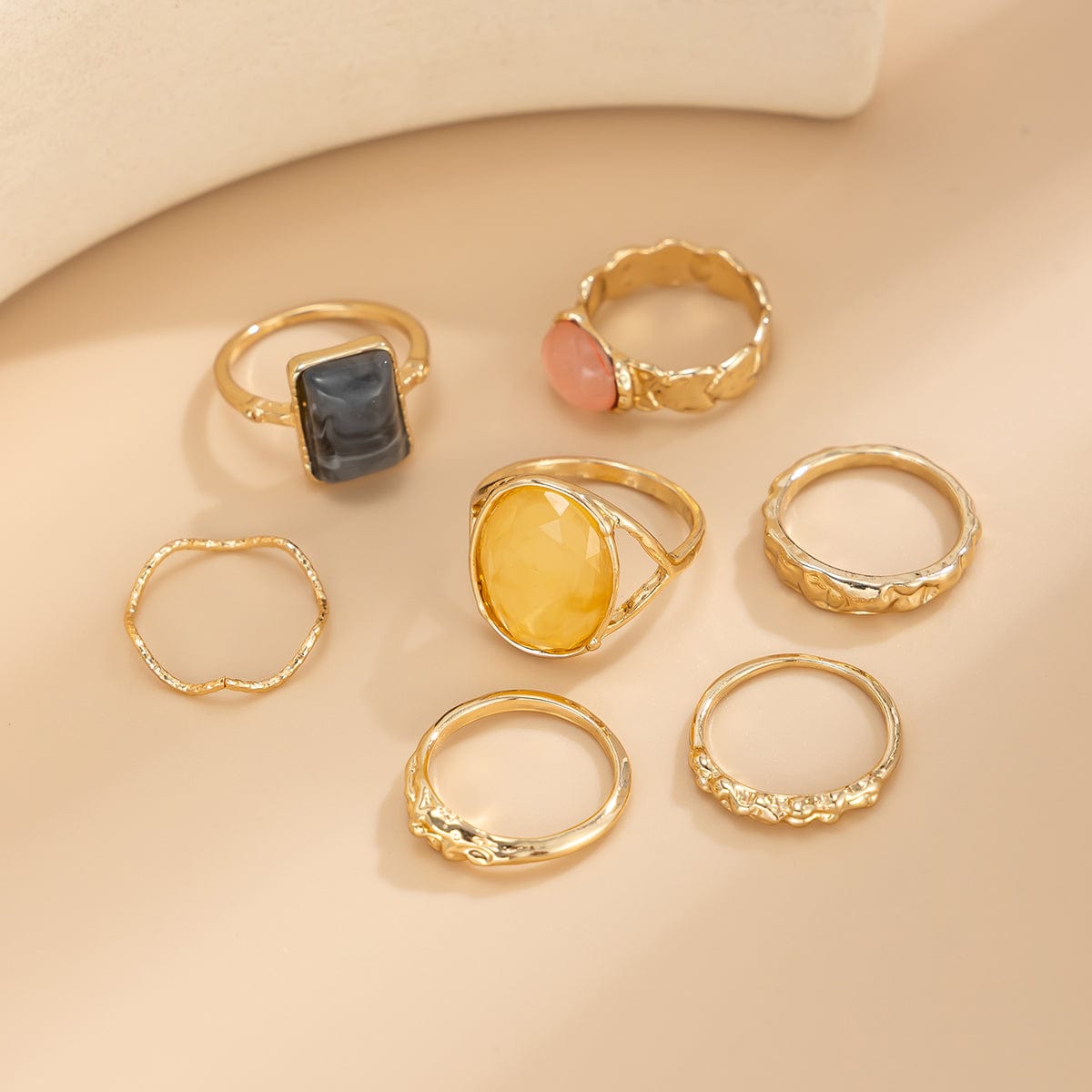 7 Pcs Baroque Gold Silver Tone Crystal Inlaid Pleated Ring Set - ArtGalleryZen