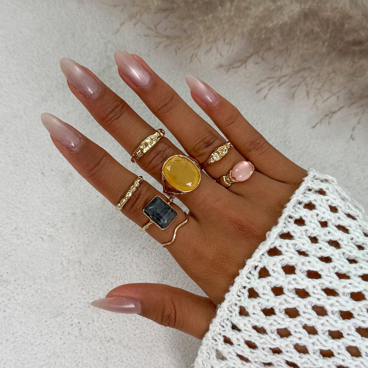 7 Pcs Baroque Gold Silver Tone Crystal Inlaid Pleated Ring Set - ArtGalleryZen