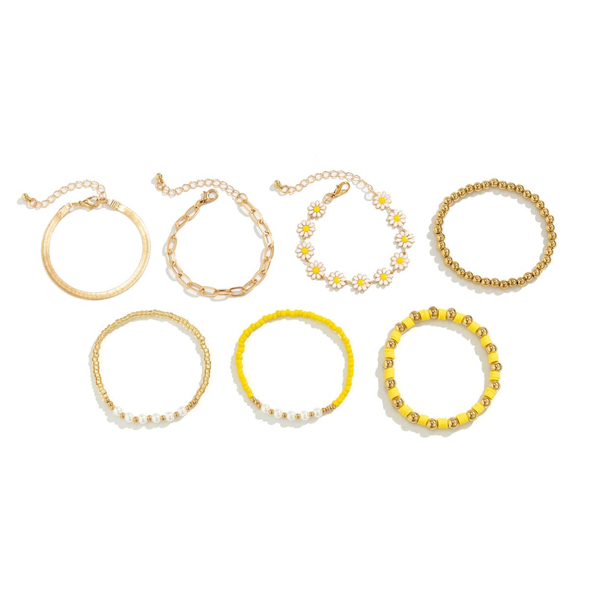 7 Pcs Gold Plated Polymer Clay Flower Ball Chain Stackable Bracelet Set - ArtGalleryZen