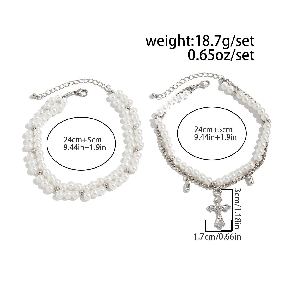 Elegant 2pcs Cross Charm Pearl Chain Anklet Set
