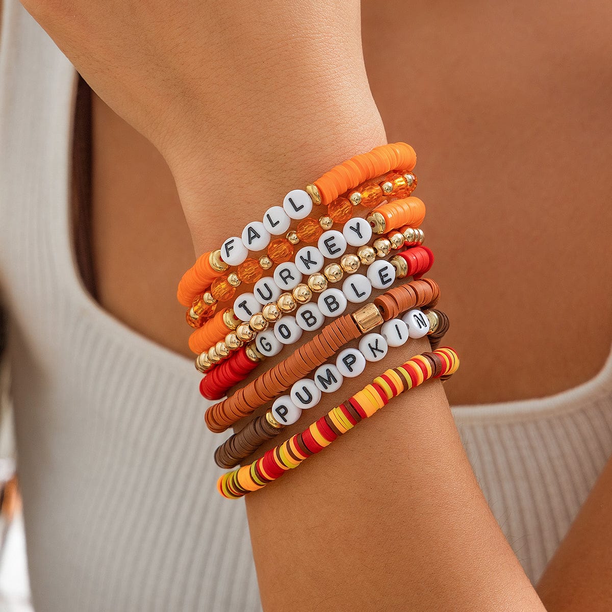 8 Pcs Thanksgiving Theme Crystal Letter Polymer Clay Beaded Stackable Bracelet Set - ArtGalleryZen