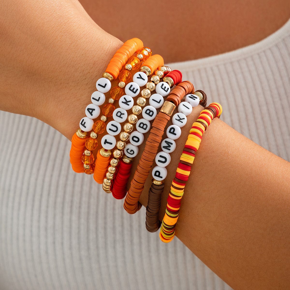 8 Pcs Thanksgiving Theme Crystal Letter Polymer Clay Beaded Stackable Bracelet Set - ArtGalleryZen