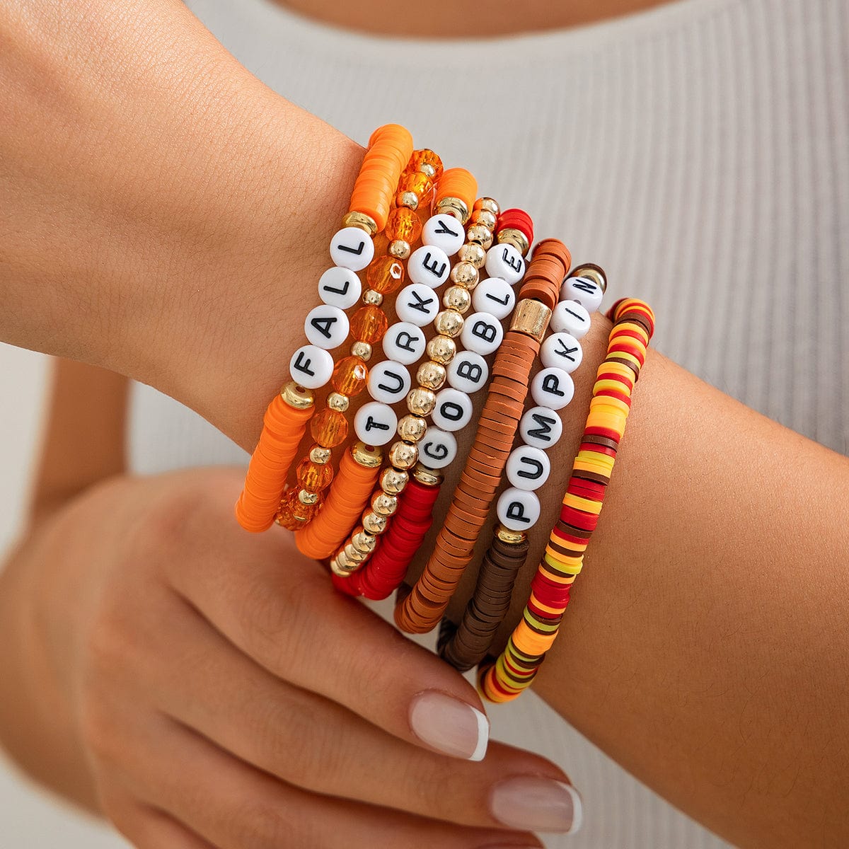 8 Pcs Thanksgiving Theme Crystal Letter Polymer Clay Beaded Stackable Bracelet Set - ArtGalleryZen