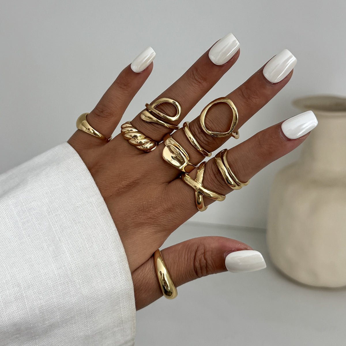 9 Pcs Gold Silver Tone Hollow Waterdrop Cross Twisted Ring Set - ArtGalleryZen