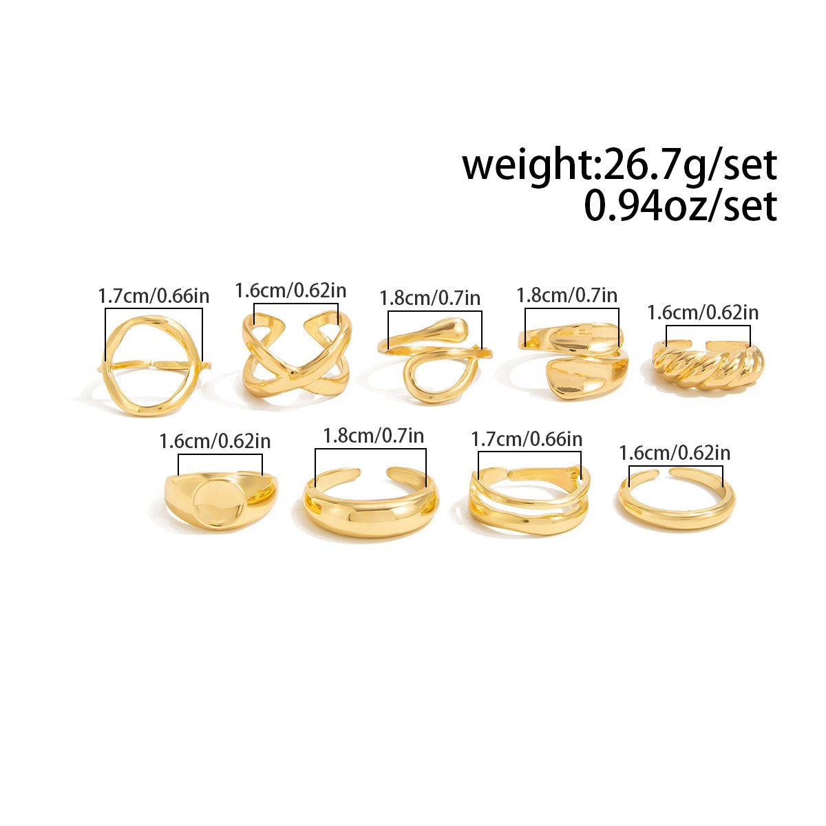 9 Pcs Gold Silver Tone Hollow Waterdrop Cross Twisted Ring Set - ArtGalleryZen
