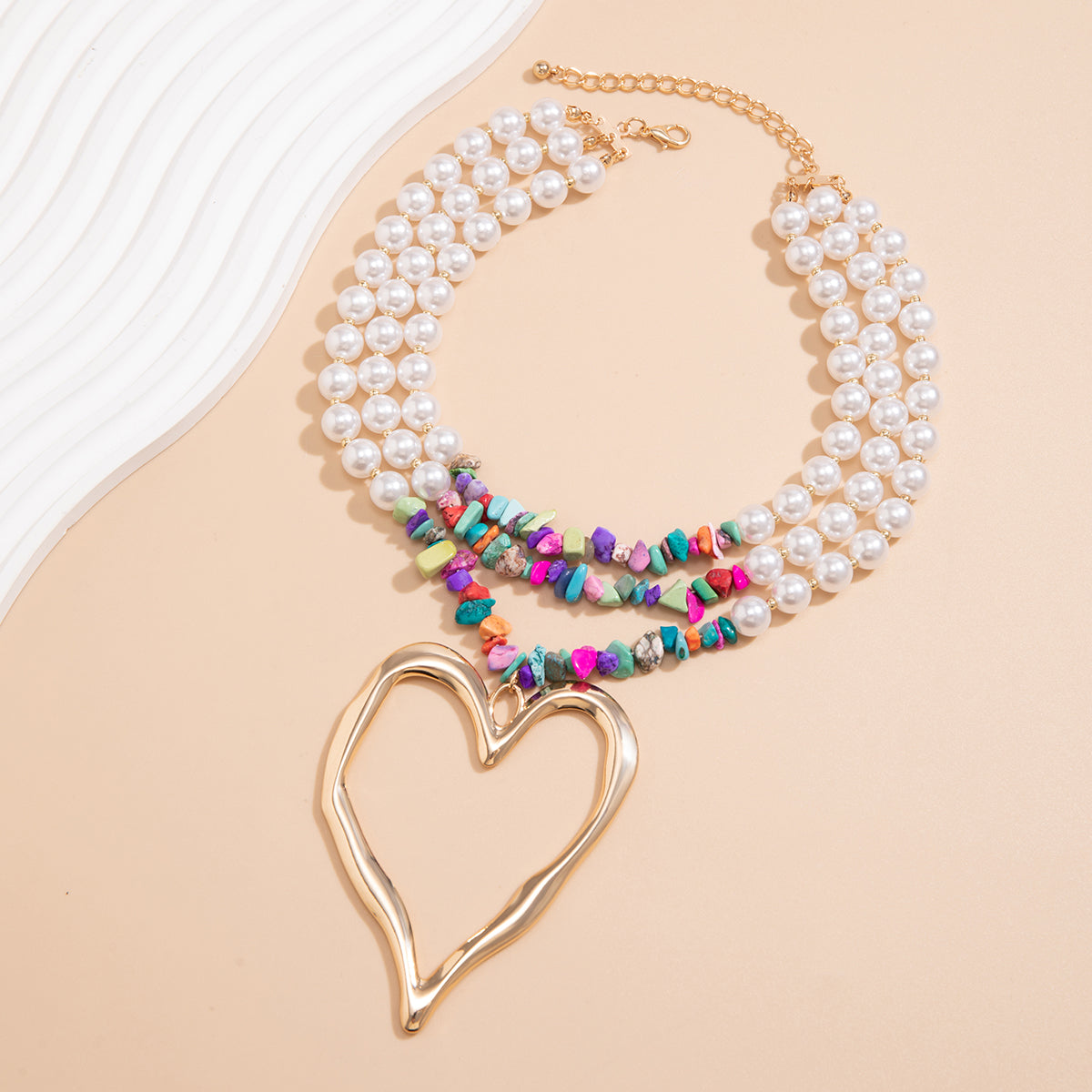 Boho Colorful Layered Turquoise Pearl Chain Heart Pendant Choker Necklace - ArtGalleryZen