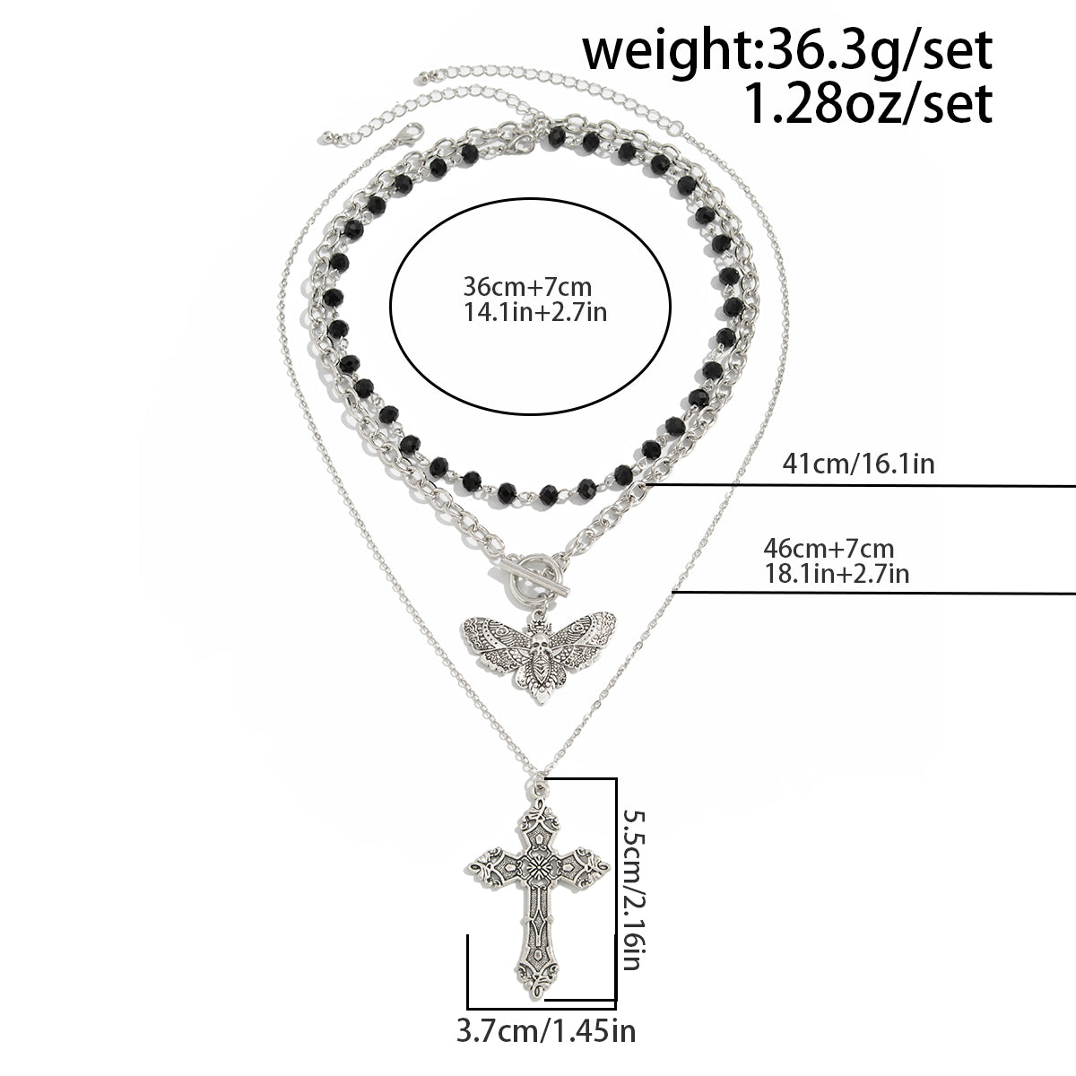 Gothic 3pcs Cross Skull Butterfly Pendant Crystal Chain Necklace Set