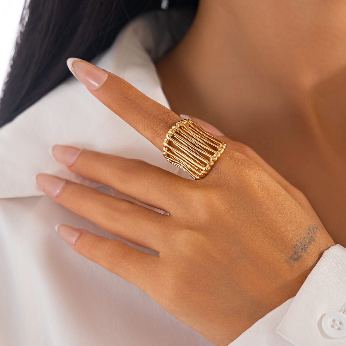 Abstract Chunky Gold Silver Plated Cage Ring - ArtGalleryZen