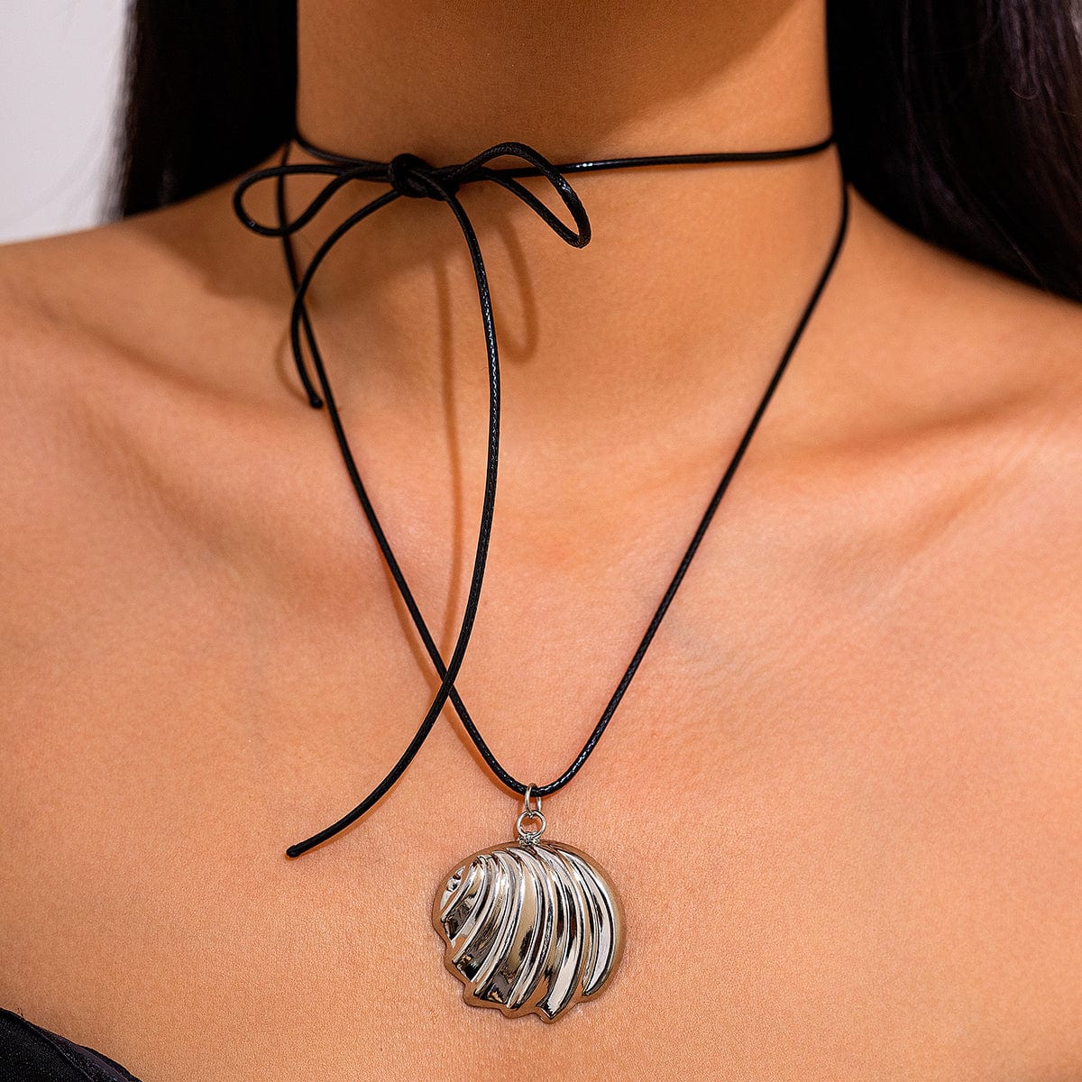 Abstract Metallic Shell Pendant Wax Cord String Necklace - ArtGalleryZen