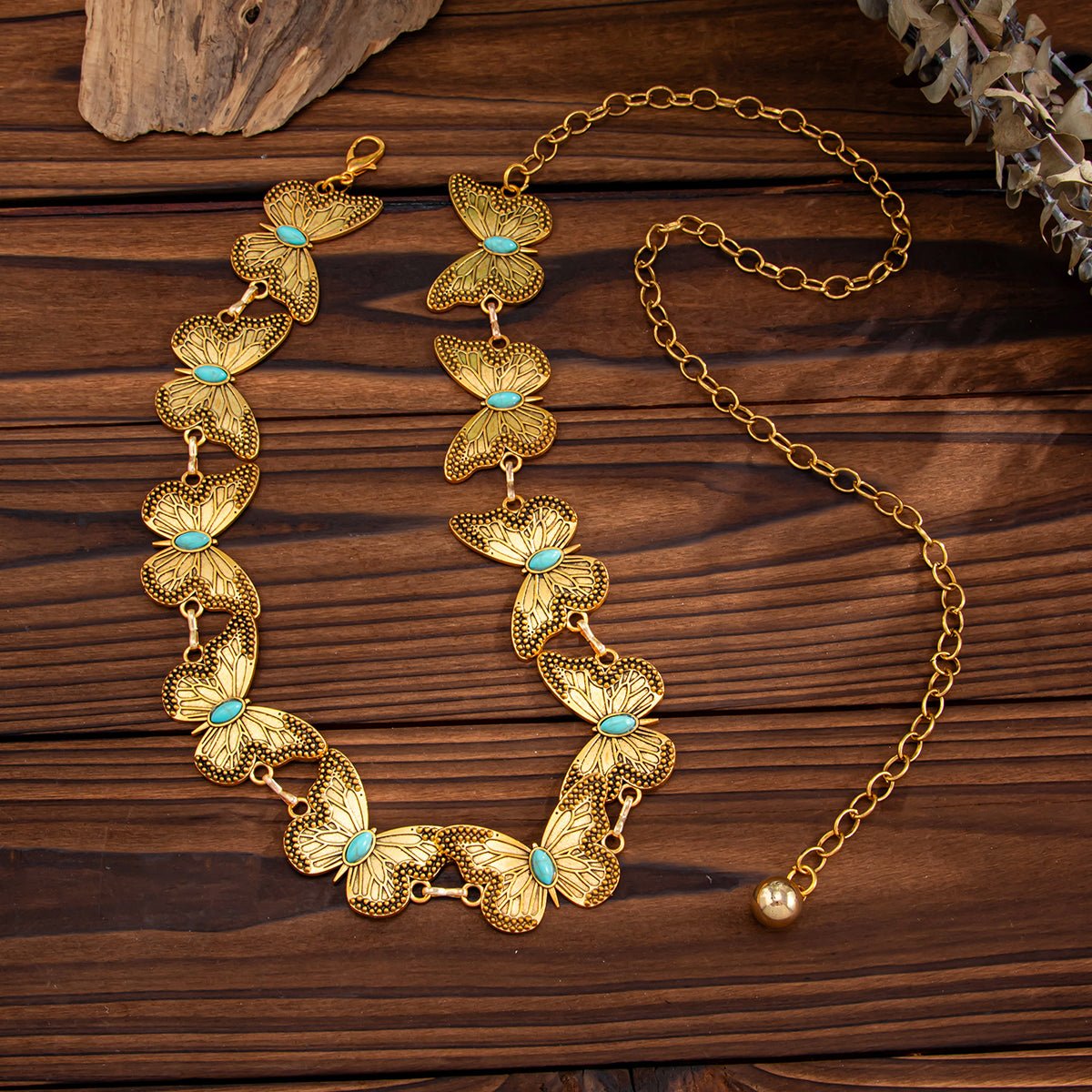 Antique Gold Silver Plated Turquoise Inlaid Butterfly Waist Chain - ArtGalleryZen