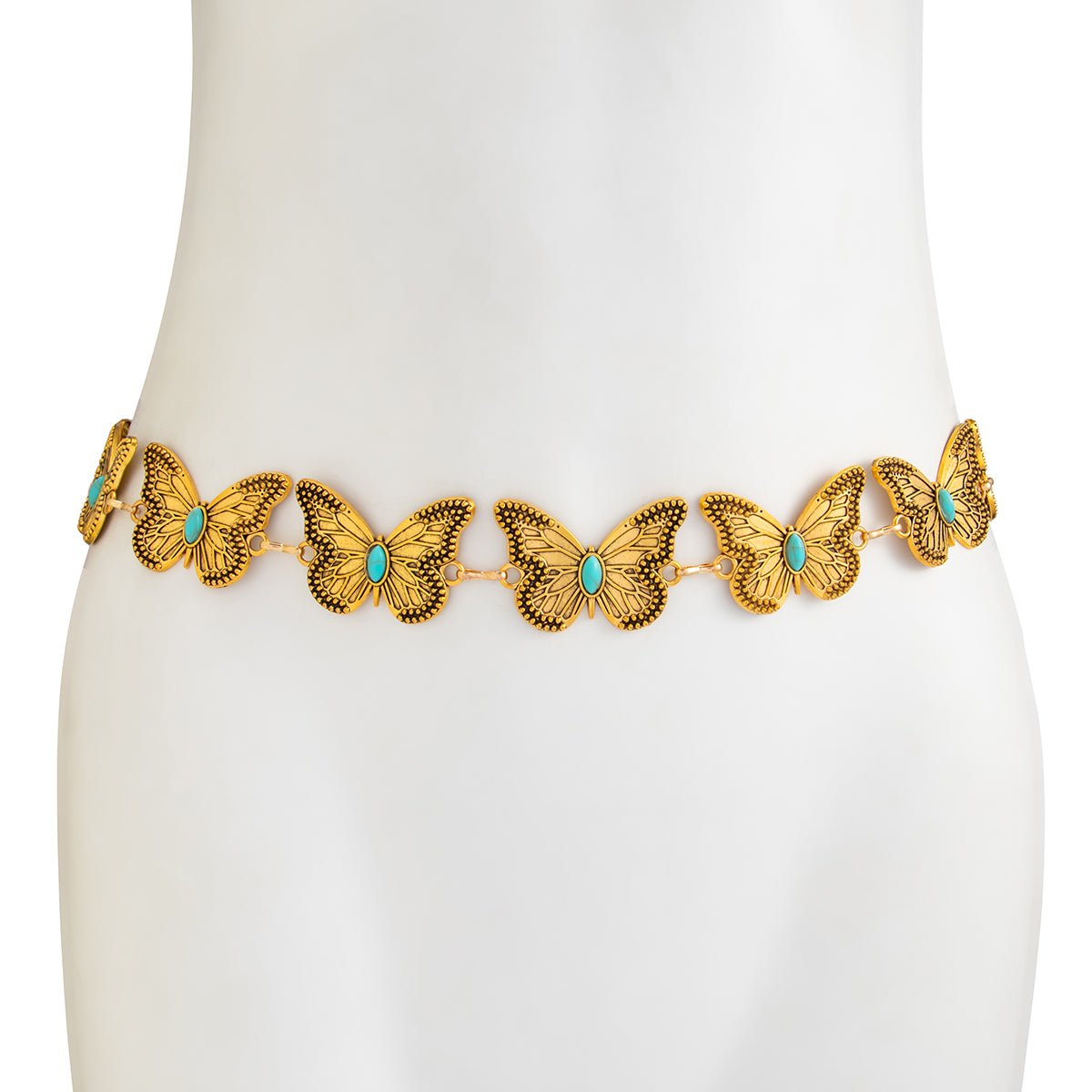 Antique Gold Silver Plated Turquoise Inlaid Butterfly Waist Chain - ArtGalleryZen
