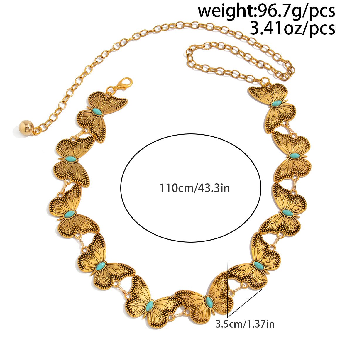 Antique Gold Silver Plated Turquoise Inlaid Butterfly Waist Chain - ArtGalleryZen