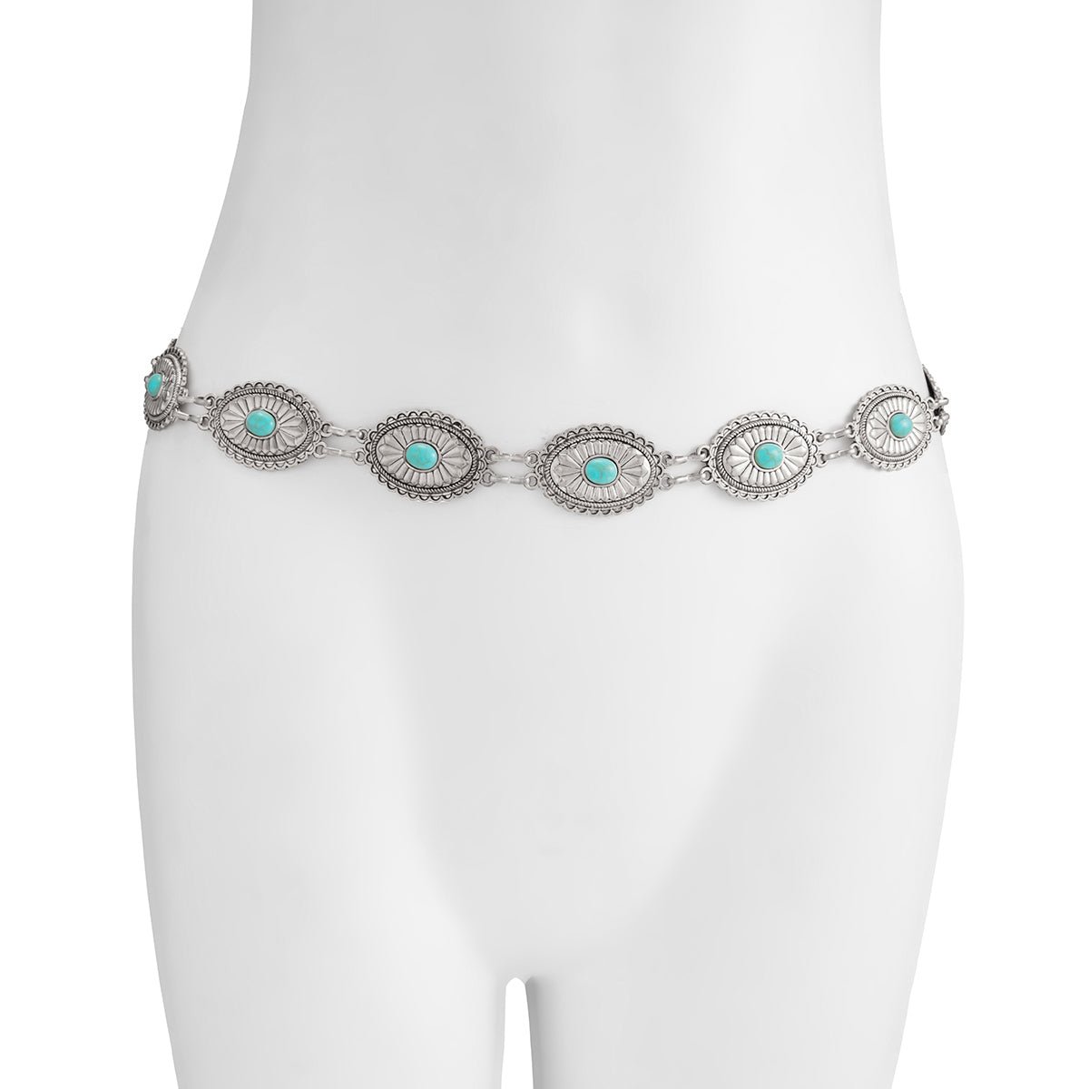 Antique Gold Silver Plated Turquoise Inlaid Floral Oval Disk Waist Chain - ArtGalleryZen