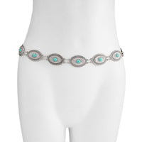 Thumbnail for Antique Gold Silver Plated Turquoise Inlaid Floral Oval Disk Waist Chain - ArtGalleryZen