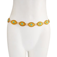 Thumbnail for Antique Gold Silver Plated Turquoise Inlaid Floral Oval Disk Waist Chain - ArtGalleryZen