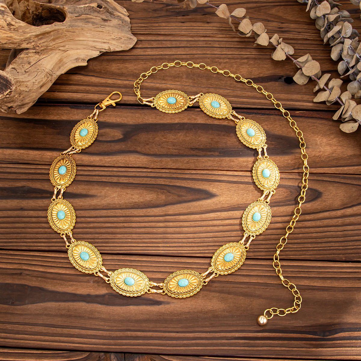Antique Gold Silver Plated Turquoise Inlaid Floral Oval Disk Waist Chain - ArtGalleryZen