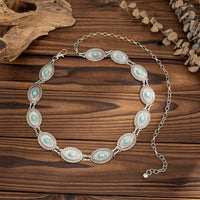 Thumbnail for Antique Gold Silver Plated Turquoise Inlaid Floral Oval Disk Waist Chain - ArtGalleryZen
