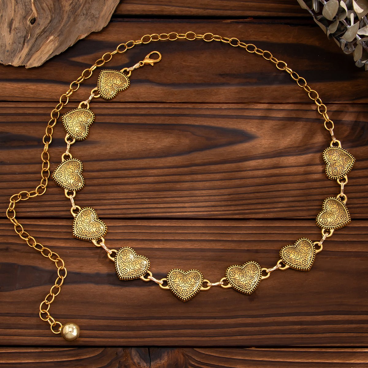 Antique Gold Silver Tone Carved Heart Waist Chain - ArtGalleryZen