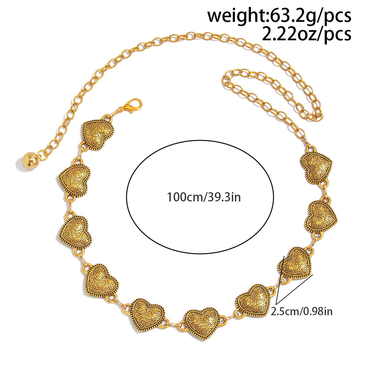 Antique Gold Silver Tone Carved Heart Waist Chain - ArtGalleryZen